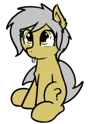 Size: 524x740 | Tagged: safe, artist:neuro, oc, oc only, oc:filly anon, earth pony, pony, chest fluff, ear fluff, eye shimmer, female, filly, gold, mlem, palette swap, question mark, recolor, silly, silver, simple background, sitting, solo, tongue out, transparent background