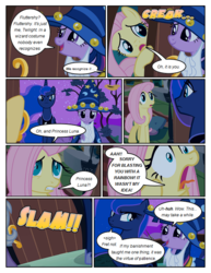 Size: 612x792 | Tagged: safe, artist:newbiespud, edit, edited screencap, screencap, fluttershy, princess luna, twilight sparkle, alicorn, pegasus, pony, unicorn, comic:friendship is dragons, g4, luna eclipsed, cloak, clothes, comic, cosplay, costume, dialogue, ethereal mane, fake beard, frown, hat, nightmare night costume, onomatopoeia, scared, screencap comic, smiling, star swirl the bearded costume, starry mane, twilight the bearded, unamused, unicorn twilight, wizard hat, yelling