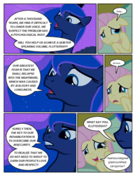 Size: 612x792 | Tagged: safe, artist:newbiespud, edit, edited screencap, screencap, fluttershy, princess luna, alicorn, pegasus, pony, comic:friendship is dragons, g4, luna eclipsed, comic, dialogue, ethereal mane, female, looking down, mare, scared, screencap comic, smiling, starry mane, traditional royal canterlot voice