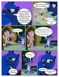 Size: 612x792 | Tagged: safe, artist:newbiespud, edit, edited screencap, screencap, fluttershy, princess luna, twilight sparkle, alicorn, pegasus, pony, unicorn, comic:friendship is dragons, g4, luna eclipsed, annoyed, cloak, clothes, comic, cosplay, costume, dialogue, door, ethereal mane, fake beard, female, hat, looking down, mare, nightmare night costume, scared, screencap comic, star swirl the bearded costume, starry mane, traditional royal canterlot voice, twilight the bearded, unicorn twilight, wizard hat