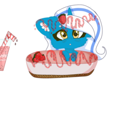 Size: 942x848 | Tagged: safe, artist:snowflakecrystalyt, oc, oc:fleurbelle, alicorn, pony, alicorn oc, cake, cheesecake, drink, drinking straw, female, food, mare, straw, strawberry, yellow eyes