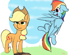 Size: 2834x2125 | Tagged: safe, artist:jubyskylines, applejack, rainbow dash, earth pony, pegasus, pony, g4, applejack's hat, clothes, cowboy hat, duo, female, grass, hat, high res, laughing, mare, mud, muddy hooves, simple background, sky, transparent background