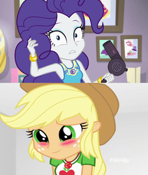 Size: 800x944 | Tagged: safe, edit, edited screencap, screencap, applejack, rarity, do it for the ponygram!, equestria girls, equestria girls series, g4, rollercoaster of friendship, spoiler:eqg series (season 2), blushing, comparison, female, geode of empathy, geode of shielding, geode of sugar bombs, geode of super speed, geode of super strength, geode of telekinesis, hair dryer, lesbian, magical geodes, pinkie pie hair, ship:rarijack, shipping, shipping domino