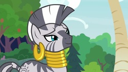 Size: 1920x1080 | Tagged: safe, screencap, zecora, pony, zebra, g4, she talks to angel, ear piercing, earring, female, jewelry, mare, neck rings, piercing, quadrupedal, smiling, solo