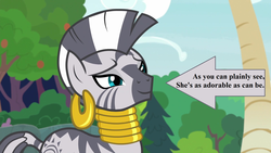 Size: 1920x1080 | Tagged: safe, edit, edited screencap, editor:korora, screencap, zecora, zebra, g4, she talks to angel, arrow, captain obvious, cute, ear piercing, earring, jewelry, neck rings, piercing, quadrupedal, rhyme, smiling, text, tree, zecorable