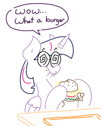 Size: 510x637 | Tagged: safe, artist:doodledandy, twilight sparkle, alicorn, mouse, pony, g4, barbara dunkleman, burger, comic, female, food, glasses, news, rooster teeth animated adventures, solo, swirly glasses, twilight burgkle, twilight sparkle (alicorn), whataburger