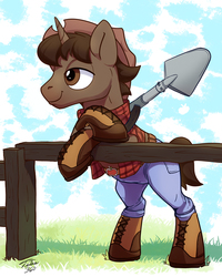 Size: 1500x1871 | Tagged: safe, artist:tsitra360, oc, oc only, pony, unicorn, clothes, commission, cowboy hat, crossed hooves, farmer, fence, hat, pants, shovel, smiling, solo