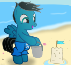 Size: 3600x3300 | Tagged: safe, artist:agkandphotomaker2000, oc, oc only, oc:pony video maker, pegasus, pony, beach, bipedal, bucket, childhood, clothes, colt, high res, male, sandcastle, solo, swimming trunks