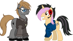 Size: 2000x1125 | Tagged: safe, artist:theeditormlp, oc, oc only, oc:blitz, oc:the editor, earth pony, pony, unicorn, clothes, glasses, headphones, hoodie, male, simple background, stallion, sweater vest, transparent background, vector