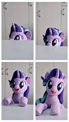 Size: 576x1024 | Tagged: safe, artist:nekokevin, starlight glimmer, pony, unicorn, series:nekokevin's glimmy, g4, female, irl, looking at you, mare, open mouth, peeking, photo, plushie, smiling, solo, table, underhoof