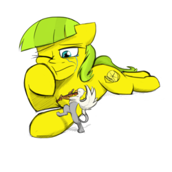 Size: 1280x1280 | Tagged: safe, artist:captainhoers, artist:tinibirb, color edit, edit, oc, oc only, oc:der, oc:lemon drop, earth pony, griffon, pony, colored, crying, duo, female, male, micro, musical instrument, sad, sketch, violin