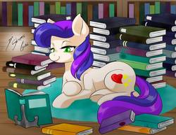 Size: 1017x786 | Tagged: safe, artist:shinta-girl, oc, oc only, oc:peach heart, pony, book, bookshelf, library, prone, solo