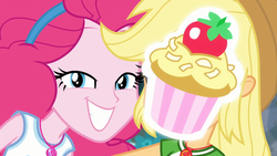 Size: 1920x1080 | Tagged: safe, screencap, applejack, pinkie pie, do it for the ponygram!, equestria girls, g4, my little pony equestria girls: better together, clothes, collar, cowboy hat, cupcake, cute, diapinkes, duo, duo female, female, food, frosting, geode of sugar bombs, geode of super strength, grin, hair, hair bun, hat, magic cupcake touch, magical geodes, ponytail, shirt, sleeveless, smiling, smirk, strawberry coconut cupcake, t-shirt, tank top, teenager