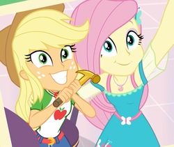 Size: 1280x1080 | Tagged: safe, screencap, applejack, fluttershy, dashing through the mall, equestria girls, equestria girls specials, g4, my little pony equestria girls: better together, my little pony equestria girls: holidays unwrapped, armpits, belt, clothes, cropped, cute, denim skirt, dress, female, fluttershy boho dress, freckles, geode of fauna, geode of super strength, hammer, happy, jackabetes, magical geodes, selfie, shyabetes, skirt, sleeveless, smiling