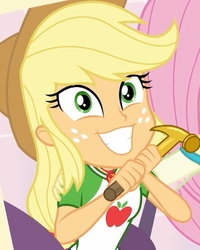 Size: 720x900 | Tagged: safe, screencap, applejack, dashing through the mall, equestria girls, equestria girls specials, g4, my little pony equestria girls: better together, my little pony equestria girls: holidays unwrapped, cropped, geode of super strength, hammer, happy, magical geodes, solo focus