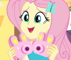 Size: 1280x1080 | Tagged: safe, screencap, fluttershy, equestria girls, equestria girls series, g4, holidays unwrapped, spoiler:eqg series (season 2), camera, cropped, cute, female, happy, misleading thumbnail, pink camera, polaroid, present, shyabetes