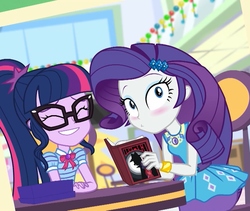 Size: 1280x1080 | Tagged: safe, screencap, rarity, sci-twi, twilight sparkle, equestria girls, equestria girls specials, g4, my little pony equestria girls: better together, my little pony equestria girls: holidays unwrapped, blushing, book, cropped, detective rarity, geode of shielding, geode of telekinesis, magical geodes, shadow spade, smiling