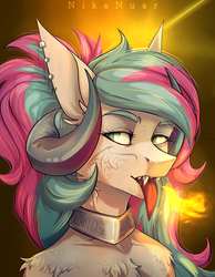 Size: 2786x3585 | Tagged: safe, artist:nikanuar, oc, oc only, oc:diamond mind, dragon, abstract background, bust, collar, dragonified, ear piercing, face tattoo, facial markings, fangs, female, fire, fire breath, fluffy dragon, high res, horns, long tongue, piercing, solo, species swap, tongue out, watermark, ych result
