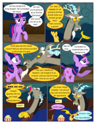 Size: 612x792 | Tagged: safe, artist:newbiespud, edit, edited screencap, screencap, discord, twilight sparkle, draconequus, pony, unicorn, comic:friendship is dragons, g4, the return of harmony, comic, confused, couch, dialogue, eyes closed, female, food, frown, implied rainbow dash, laughing, male, mare, popcorn, raised hoof, screencap comic, unicorn twilight