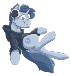 Size: 1190x1276 | Tagged: safe, artist:ikarooz, oc, oc only, oc:tesseract, pony, unicorn, clothes, headphones, hoodie, male, simple background, solo, stallion, transparent background