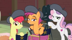Size: 2560x1440 | Tagged: source needed, safe, screencap, apple bloom, scootaloo, sweetie belle, pony, g4, growing up is hard to do, season 9, being big is all it takes, butt, chair, cutie mark, cutie mark crusaders, director's chair, female, hat, lidded eyes, looking at you, looking back, looking back at you, mare, older, older apple bloom, older scootaloo, older sweetie belle, plot, smiling, smirk, the cmc's cutie marks