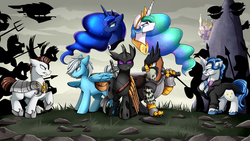 Size: 3840x2160 | Tagged: safe, artist:pridark, fancypants, princess celestia, princess luna, oc, oc:blueblood vii, oc:hyacintho caelum, oc:kill bosby, oc:valor valkyrie, alicorn, changeling, griffon, pegasus, pony, g4, airship, armor, canterlot, changeling oc, clothes, commission, dungeons and dragons, female, griffon oc, high res, male, pen and paper rpg, rebellion, rock, rpg, saddle bag, silhouette, sword, tempest's airship, weapon