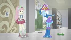 Size: 1918x1080 | Tagged: safe, screencap, angel bunny, fluttershy, trixie, eqg summertime shorts, equestria girls, g4, good vibes, bowing, clothes, converse, hat, shoes, sneakers, trixie's hat