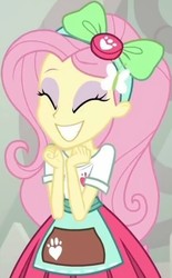 Size: 423x684 | Tagged: safe, screencap, fluttershy, equestria girls, equestria girls series, g4, good vibes, my little pony equestria girls: summertime shorts, ^^, apron, bow, clothes, cropped, cute, daaaaaaaaaaaw, eyes closed, female, hairband, hairclip, happy, paw prints, pleated skirt, shirt, short sleeves, shyabetes, skirt, smiling, solo