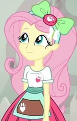 Size: 444x701 | Tagged: safe, screencap, fluttershy, equestria girls, equestria girls series, g4, good vibes, my little pony equestria girls: summertime shorts, apron, bow, clothes, cropped, cute, female, hairband, hairclip, looking up, paw prints, pleated skirt, shirt, short sleeves, shyabetes, skirt, smiling, solo