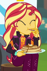 Size: 406x620 | Tagged: safe, screencap, sunset shimmer, equestria girls, g4, my little pony equestria girls: choose your own ending, wake up!, wake up!: applejack, butter, cropped, cute, eating, female, food, pancakes, shimmerbetes, solo, syrup