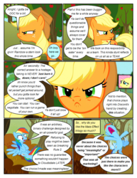 Size: 612x792 | Tagged: safe, artist:newbiespud, edit, edited screencap, screencap, applejack, fluttershy, pony, comic:friendship is dragons, g4, the return of harmony, angry, annoyed, apple, argument, comic, dialogue, female, flying, food, freckles, frown, glare, hat, mare, screencap comic, tree