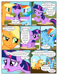Size: 612x792 | Tagged: safe, artist:newbiespud, edit, edited screencap, screencap, applejack, fluttershy, rainbow dash, twilight sparkle, earth pony, pegasus, pony, unicorn, comic:friendship is dragons, g4, angry, annoyed, argument, comic, concerned, dialogue, female, freckles, frown, glare, hat, mare, raised hoof, screencap comic, surprised, unicorn twilight