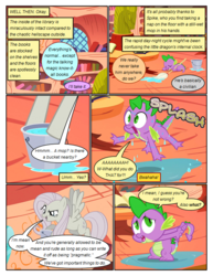 Size: 612x792 | Tagged: safe, artist:newbiespud, edit, edited screencap, screencap, fluttershy, spike, pegasus, pony, comic:friendship is dragons, g4, the return of harmony, book, bookshelf, bucket, comic, dialogue, discorded, eyes closed, female, flutterbitch, flying, golden oaks library, implied discord, looking down, looking up, male, mare, mop, onomatopoeia, sad, screencap comic, sleeping, slit pupils, smiling, smirk, surprised, water
