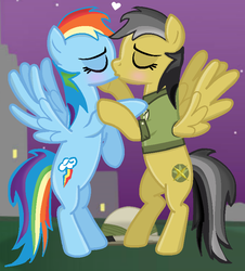 Size: 734x811 | Tagged: safe, artist:ask-theponyqueen, artist:blizzardicefox, artist:grapefruitface1, daring do, rainbow dash, pegasus, pony, g4, base used, blushing, duo, female, hat, kiss on the lips, kissing, lesbian, mare, ship:daringdash, shipping, show accurate