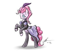 Size: 2000x1600 | Tagged: safe, artist:wreky, pinkie pie, earth pony, pony, g4, over a barrel, clothes, cute, diapinkes, dress, feather, female, fishnet stockings, mare, no pupils, rearing, saloon pinkie, simple background, solo, white background