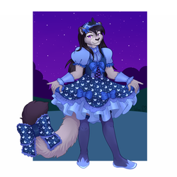 Size: 1500x1500 | Tagged: safe, artist:fa wen, princess luna, oc, oc only, anthro, g4, barely pony related, bow, clothes, commission, cosplay, costume, crossdressing, dress, feline, furry, furry oc, looking at you, male, non-mlp oc, non-pony oc, pose, shoes, skirt, skirt lift, smiling, socks, solo, stockings, tail bow, thigh highs