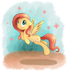 Size: 869x920 | Tagged: safe, artist:nairua, fluttershy, butterfly, pegasus, pony, g4, cute, deviantart watermark, female, mare, obtrusive watermark, shyabetes, signature, solo, watermark