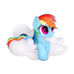 Size: 1024x1024 | Tagged: safe, artist:novabytes, rainbow dash, pegasus, pony, g4, chest fluff, cloud, cute, dashabetes, eye clipping through hair, female, mare, on a cloud, prone, simple background, solo, white background