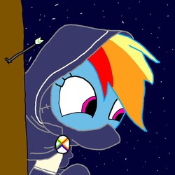 Size: 640x640 | Tagged: safe, derpibooru exclusive, rainbow dash, pony, g4, 1000 hours in ms paint, arrow, female, hood, night, solo
