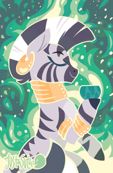Size: 587x900 | Tagged: safe, artist:justasuta, zecora, pony, zebra, g4, abstract background, bowl, bracelet, ear piercing, earring, eyes closed, female, hooves, jewelry, lineless, mare, neck rings, piercing, profile, quadrupedal, smiling, solo