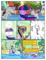 Size: 612x792 | Tagged: safe, artist:newbiespud, edit, edited screencap, screencap, discord, twilight sparkle, draconequus, earth pony, pegasus, pony, unicorn, comic:friendship is dragons, g4, the return of harmony, big crown thingy, comic, dialogue, discorded, element of generosity, element of honesty, element of kindness, element of laughter, element of magic, eyes closed, female, floating, frown, glowing eyes, glowing horn, hat, horn, jewelry, looking up, magic, male, mare, regalia, screencap comic, sunglasses, telekinesis, unicorn twilight