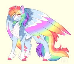 Size: 1023x884 | Tagged: safe, artist:wanderingpegasus, rainbow dash, pegasus, pony, g4, colored hooves, colored wings, confused, female, multicolored wings, pale belly, rainbow wings, simple background, solo, wings