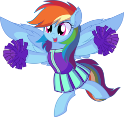 Size: 6593x6257 | Tagged: safe, artist:cyanlightning, rainbow dash, pegasus, pony, 2 4 6 greaaat, g4, .svg available, absurd resolution, bipedal, cheerleader, cheerleader rainbow dash, chest fluff, clothes, cute, dashabetes, ear fluff, female, mare, pleated skirt, pom pom, simple background, skirt, smiling, solo, spread wings, transparent background, vector, wing fluff, wings