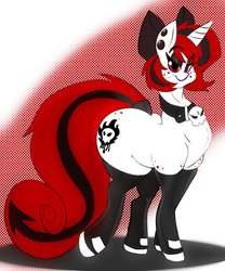 Size: 748x900 | Tagged: safe, artist:solratic, artist:solraticart, oc, oc only, oc:lilith, pony, succubus, unicorn, abstract background, arrow, big tail, bow, choker, clothes, cute, fanart, hair bow, huge butt, impossibly large butt, large butt, limited palette, needs more jpeg, short head, solo, stockings, thigh highs