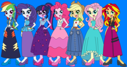 Size: 5928x3120 | Tagged: safe, artist:hannahbro, applejack, fluttershy, pinkie pie, rainbow dash, rarity, sci-twi, sunset shimmer, twilight sparkle, equestria girls, g4, blue background, clothes, humane five, humane seven, humane six, long skirt, simple background, skirt