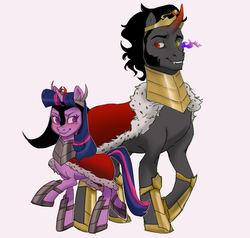 Size: 1124x1068 | Tagged: safe, artist:22dots22, artist:gloomy-doom, king sombra, twilight sparkle, pony, unicorn, g4, accessory swap, blushing, colored horn, corrupted twilight sparkle, crown, curved horn, fangs, female, horn, jewelry, male, mare, pink background, raised hoof, reformed sombra, regalia, ship:twibra, shipping, simple background, smiling, sombra eyes, sombra horn, stallion, straight, unicorn twilight