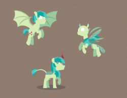 Size: 3242x2512 | Tagged: safe, artist:gd_inuk, sandbar, bat pony, changedling, changeling, kirin, pony, g4, bat ponified, batbar, blank eyes, brown background, changedlingified, changelingified, empty eyes, eyes closed, flying, happy, high res, kirin-ified, lineless, male, no mouth, no pupils, race swap, simple background, solo, species swap, spread wings, stylized, wings