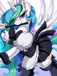 Size: 2595x3472 | Tagged: safe, artist:pridark, princess celestia, alicorn, pony, g4, blushing, bow, clothes, cuffs (clothes), cutie mark, duster, female, high res, leg band, lidded eyes, looking at you, maid, maid headdress, maidlestia, mare, mouth hold, patreon, patreon reward, rearing, signature, smiling, socks, solo, spread wings, thigh highs, wings