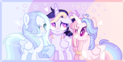 Size: 1127x559 | Tagged: safe, artist:nocturnal-moonlight, oc, oc only, oc:astral moonlight, oc:celestial moon, oc:smooth blue, alicorn, pegasus, pony, base used, female, interdimensional siblings, magical lesbian spawn, mare, offspring, parent:rainbow dash, parent:twilight sparkle, parents:twidash