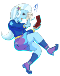 Size: 1181x1500 | Tagged: safe, artist:animana21, trixie, equestria girls, g4, blue skin, boots, card, clothes, fail, female, hoodie, legs, long hair, magic trick, miniskirt, profile, purple eyes, shoes, simple background, skirt, socks, solo, sweater, transparent background